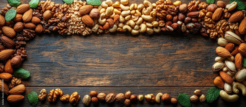 Poster colorful organic nut mix arranged in a retro frame showcasing healthy ingredients on a rustic wooden