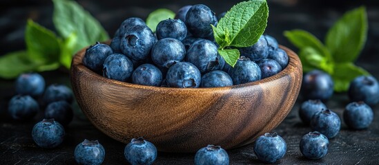 Fresh organic blueberries in a wooden bowl surrounded by leaves perfect for healthy snacking and culinary inspiration.