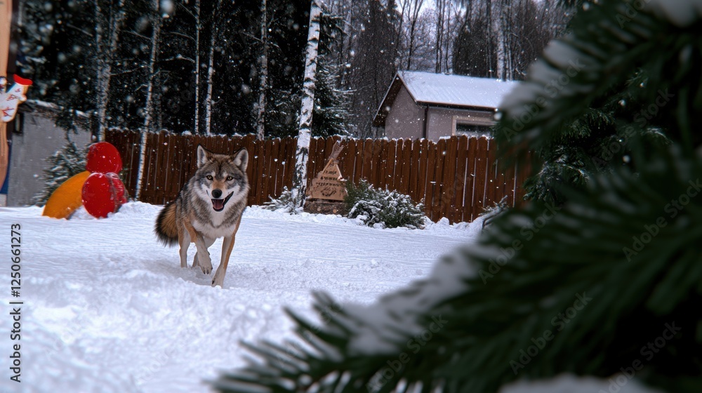 Poster a wolf-like dog running through snowy terrain with trees in the background.