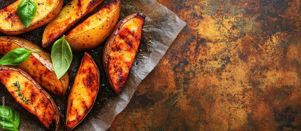 Poster grilled sausages with herb seasoned potato wedges on rustic background with empty space for text