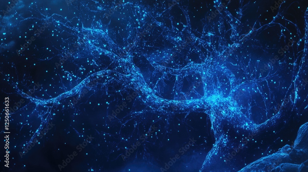 Poster illuminated neurons in vibrant blue tones showcasing intricate neural connections and patterns in a 