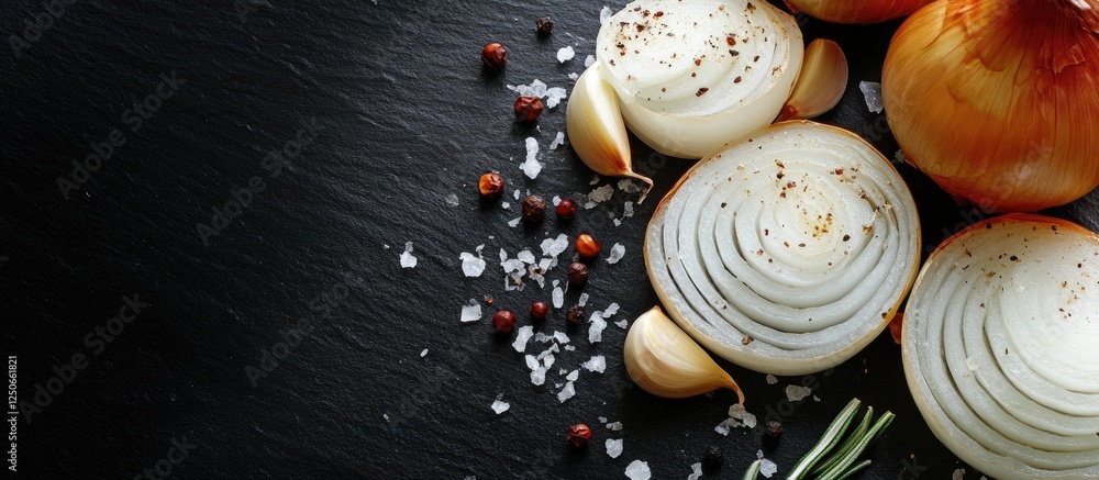 Poster grilled onion and garlic slices on slate background showcasing flavor texture with empty space for c