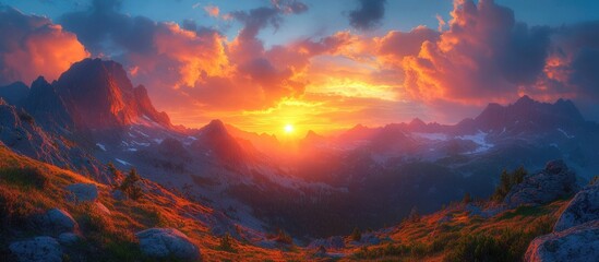 Naklejka premium Majestic sunrise illuminating rugged mountains with vibrant colors and dramatic clouds in a picturesque landscape setting.