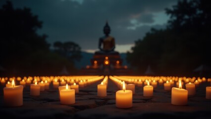 A minimalist photo featuring candles flickering at night around the Mahabodhi Temple, highlighting the serene and mystical atmosphere of Buddhism.