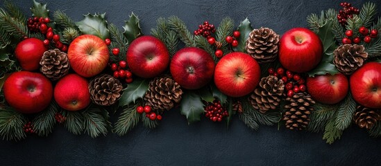 Winter holiday decor featuring festive red apples, pine cones, and green foliage on a textured gray background for Christmas celebrations.