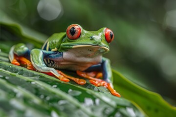 Fototapeta premium Red-eyed Tree Frog, Agalychnis callidryas, sitting on the green leave in tropical forest in Costa Rica.