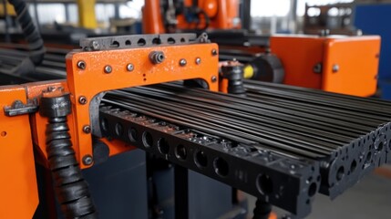 Hydraulic bending equipment for processing reinforced rebar in a manufacturing facility close-up view