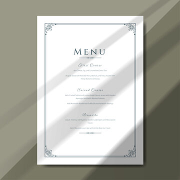 elegant wedding menu template with ornate borders and refined typography, perfect for formal events. Ideal for weddings, receptions, and luxury dinners. template size 5"x7"