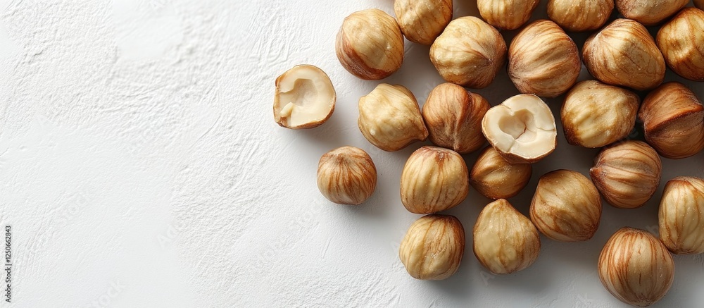 Poster hazelnuts on white background with one half sliced showcasing texture and details in a macro shot pe