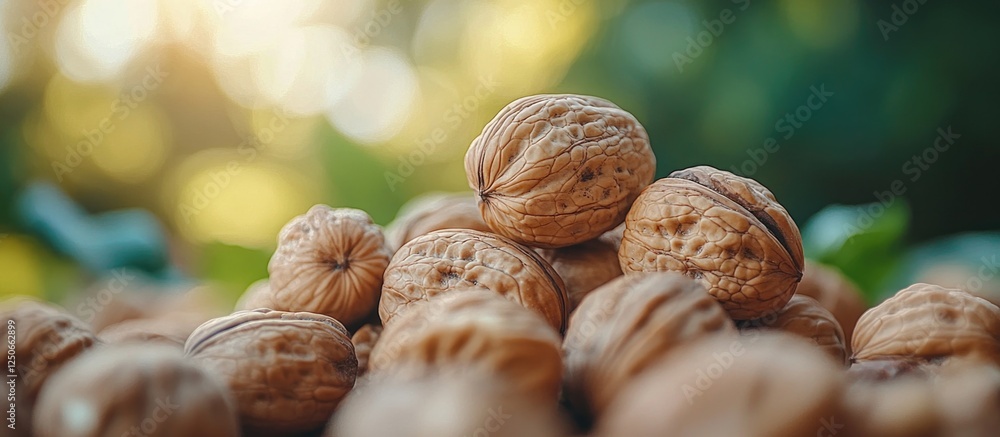 Poster close-up view of a heap of walnuts showcasing their textured shells against a natural background wit