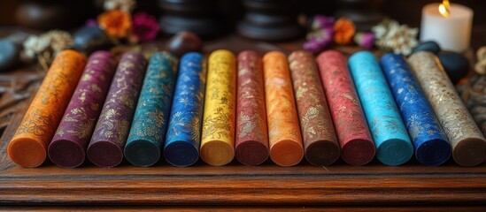 Colorful incense tubes arranged aesthetically for a serene and calming atmosphere in home decor or meditation settings.