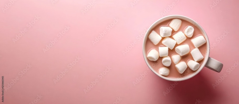 Poster cozy hot cocoa with marshmallows served in a cup on a pastel pink background with space for text or 