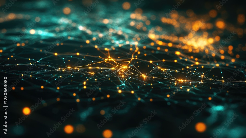 Poster abstract digital network illustration with glowing nodes and connections on a dark background, ideal