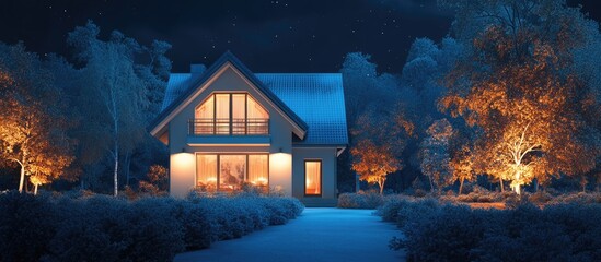Cozy house illuminated at night surrounded by nature with ample space for text overlay in a serene winter setting