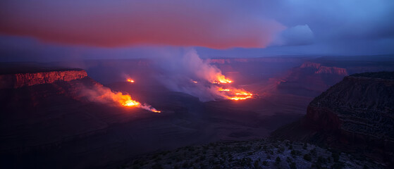 A photograph of the Grand Canyon at night, lit by the glow of campfires, against a white background, isolated. 
