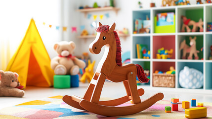 A wooden rocking horse toy placed in playroom filled toys and decorations, Childhood joy
