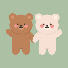 Cute Brown and White Bears Holding Hands and Raising Their Paws in a Greeting Pose