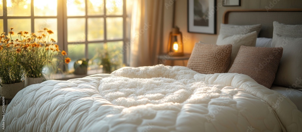 Sticker Serene bedroom with a fluffy polar quilt and soft pillows bathed in warm morning light and surrounding greenery.