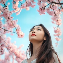 Fototapeta premium Sakura ga chirabaru haikei to shite utsukushī tōyō no josei ga iru.
