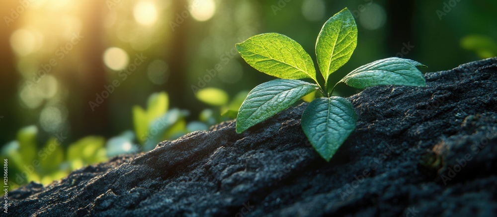 Poster closeup of fresh green twigs sprouting on a tree trunk surrounded by soft natural light in a serene 