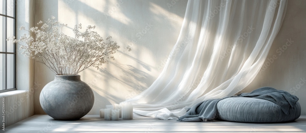 Poster serene interior with soft fabrics and a vase of dried flowers against a grey background creating a c
