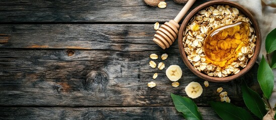 Healthy breakfast oatmeal bowl with banana and honey on rustic wooden table with ample copy space for text and natural elements