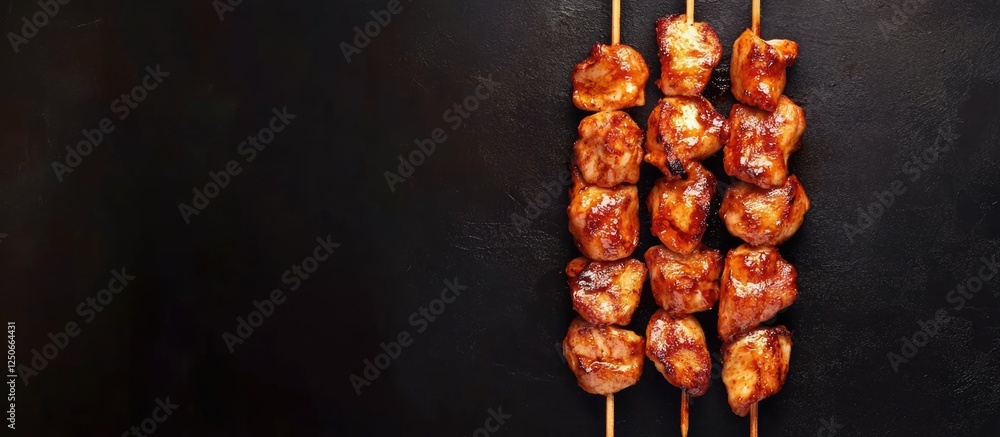 Poster grilled chicken skewers on skewers against dark background with empty space for text or promotional 