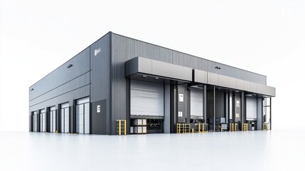 A sleek, modern logistics warehouse featuring large overhead doors, cargo containers, and organized loading areas, isolated on a white background