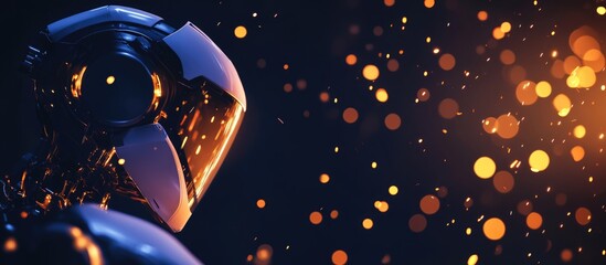 Industrial robot performing welding with sparks flying and space for text overlay in a modern manufacturing setting