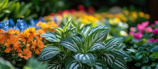 Fototapeta premium Vibrant garden display featuring Indian borage and colorful tropical flowers in a lush, serene environment