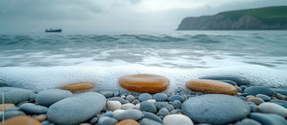 Poster pebbles and rocks on a beach with a distant boat and grey sea under an overcast sky creating a seren