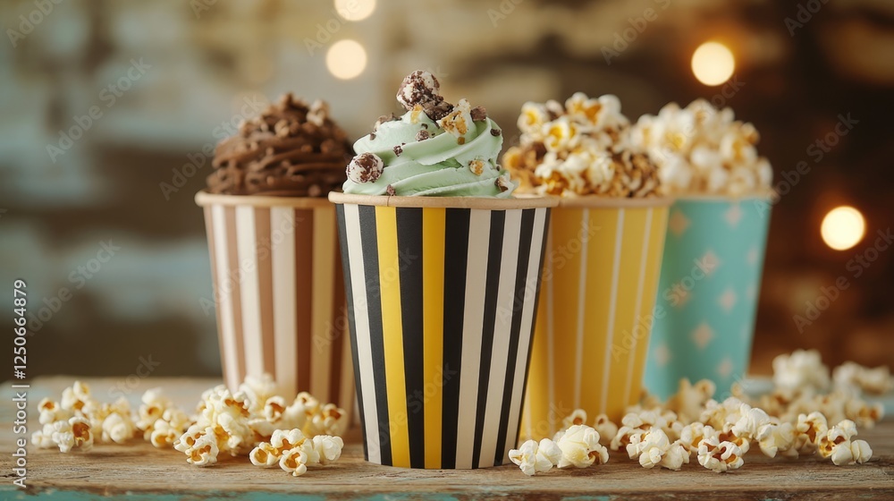 Poster ice cream cups in striped colors with popcorn on rustic wooden table creating a vibrant and inviting