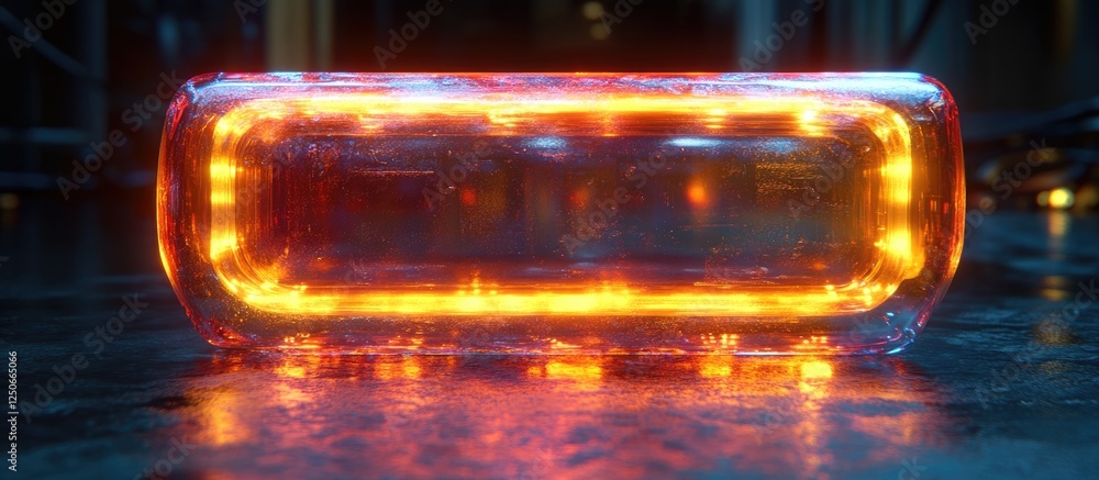 Poster holographic iridescent play button with glowing edges for fast motion video ad space and text placeh