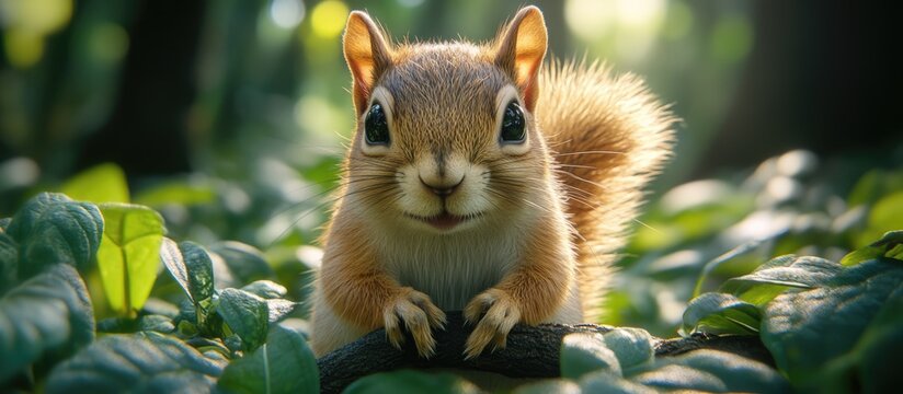 Indian palm squirrel Funambulus palmarum among green foliage with sunlight filtering through, showcasing its distinctive features and charm. - Powered by Adobe
