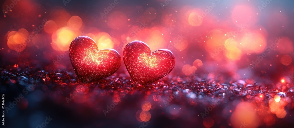 Aufkleber valentine's day heart bokeh background with sparkling red hearts and blurred car lights creating a r