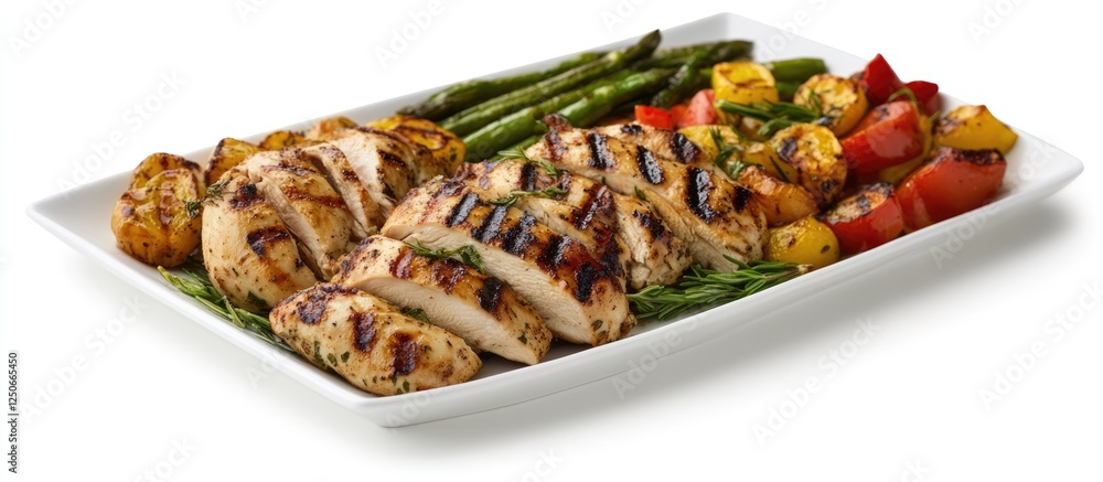 Poster grilled chicken and vibrant vegetables platter with ample space for customization and text overlay o