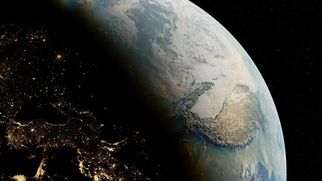 Sunrise Over the World Earth. New Day. Beautiful Very Realistic Planet Earth and Sun Rising View from Space NASA Data. 3d Animation. Night Cities. Modern 4K.