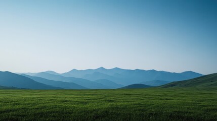 Serene mountain range view, grassy field, clear sky, peaceful landscape, nature background