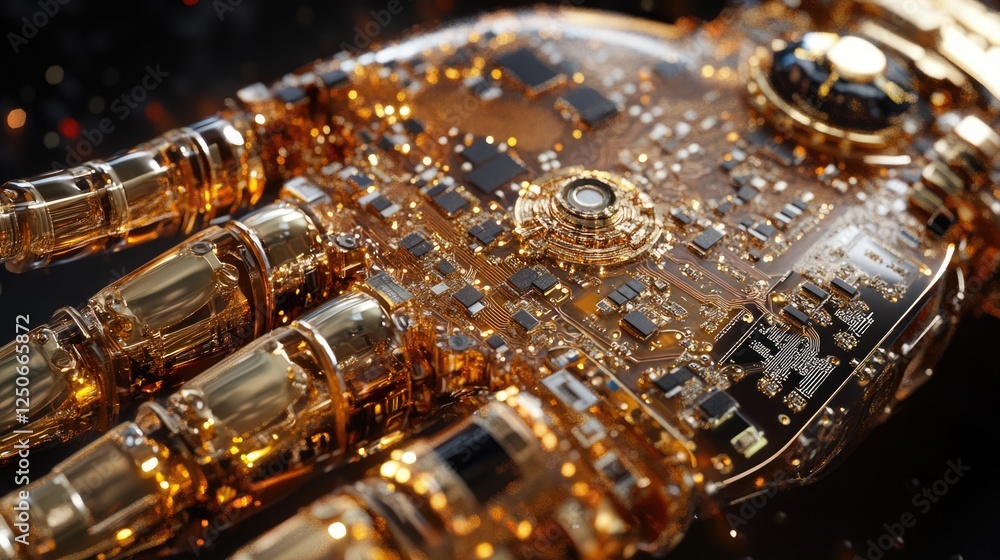 Poster robotic hand featuring intricate microchip design and glossy pcb elements showcasing advanced techno