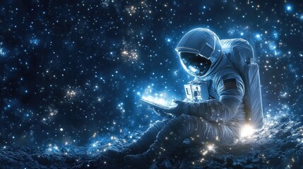 Fototapeta premium A glowing cosmic scene where an astronaut in deep space types on a digital pad.