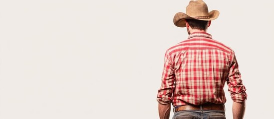 Traditional male farmer in cowboy hat standing with back view against ranch landscape ideal for customizable text placement