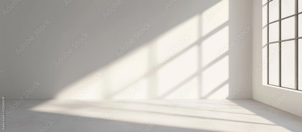Poster serene home office interior with sunlight casting shadows and ample empty space for text or design e