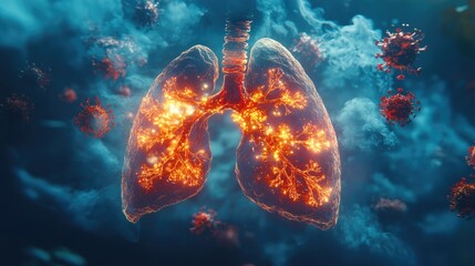 A glowing medical scan of lungs with viral pathogens floating around, representing respiratory diseases.