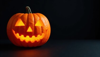 Bright orange jack-o'-lantern, stark black backdrop, light, dark, fall
