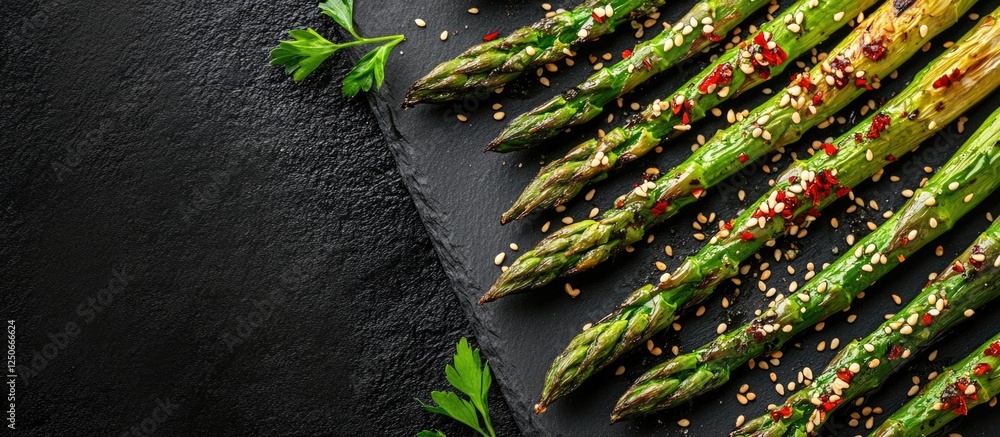 Poster grilled asparagus with ginger sauce and sesame seeds on a dark slate background with space for text 