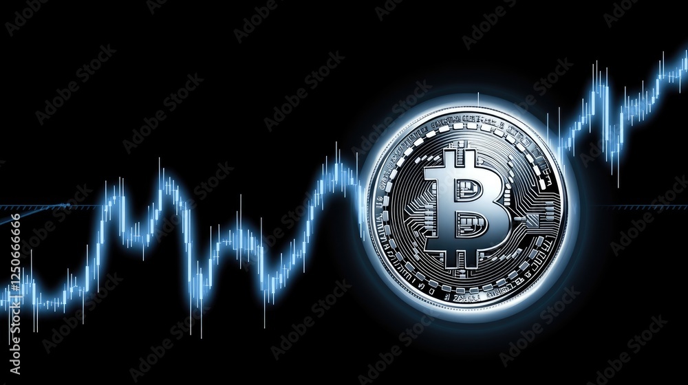 Poster a glowing silver bitcoin coin rising in front of a dynamic financial chart with bullish signals.