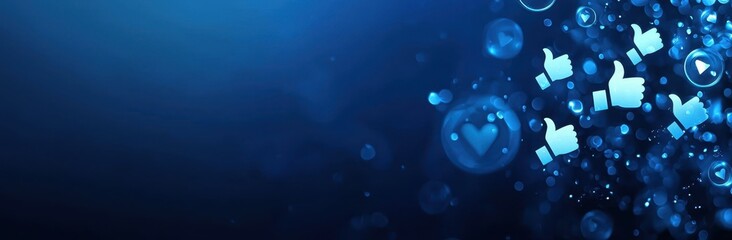 Blue Background with Floating Thumbs-Up Icons and Social Media Elements