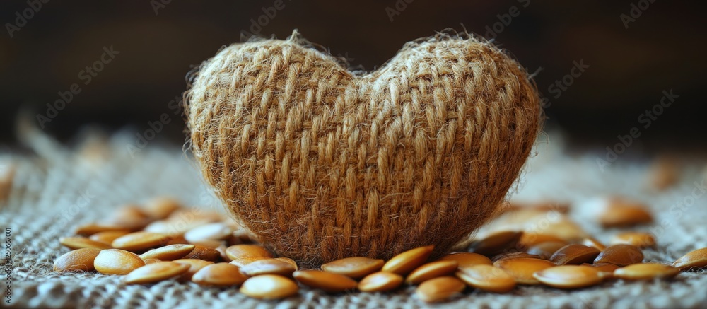 Poster handcrafted heart shape made of rope surrounded by pumpkin seeds on textured burlap cloth with ample