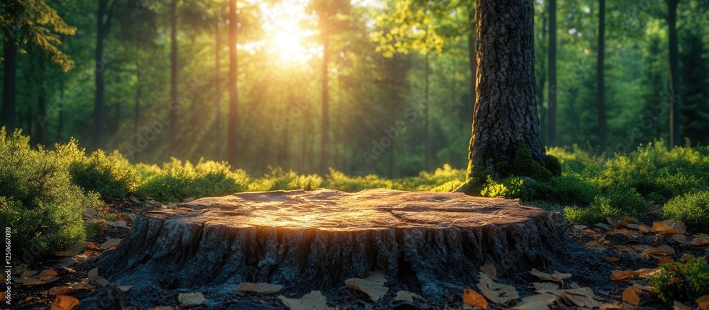 Aufkleber fallen tree stump in a sunlit forest surrounded by lush coniferous trees and a weathered dry tree cr