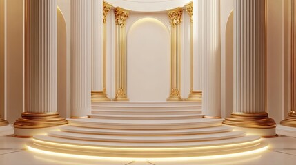 A high-end white cylindrical podium with gold details, softly illuminated.